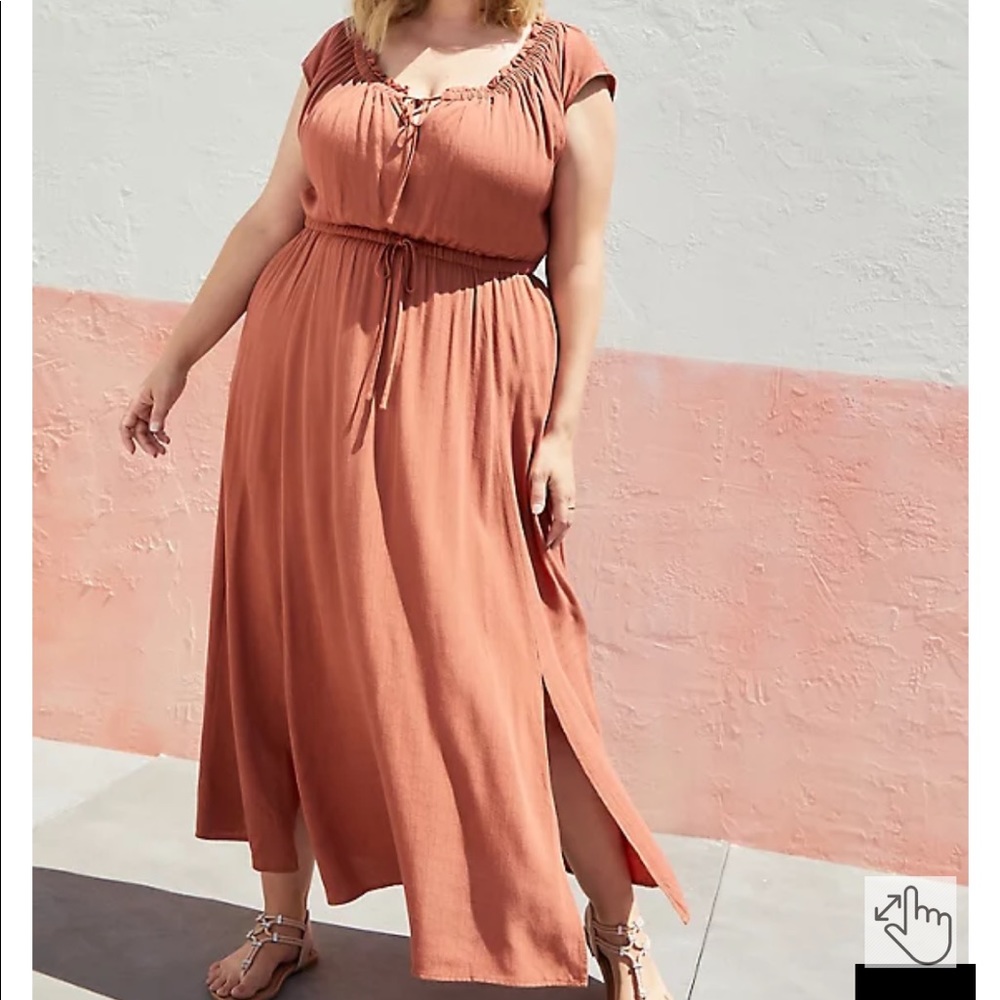 TIE FRONT SLIT MAXI DRESS - CROSSHATCH WOVEN ORANGE RUST